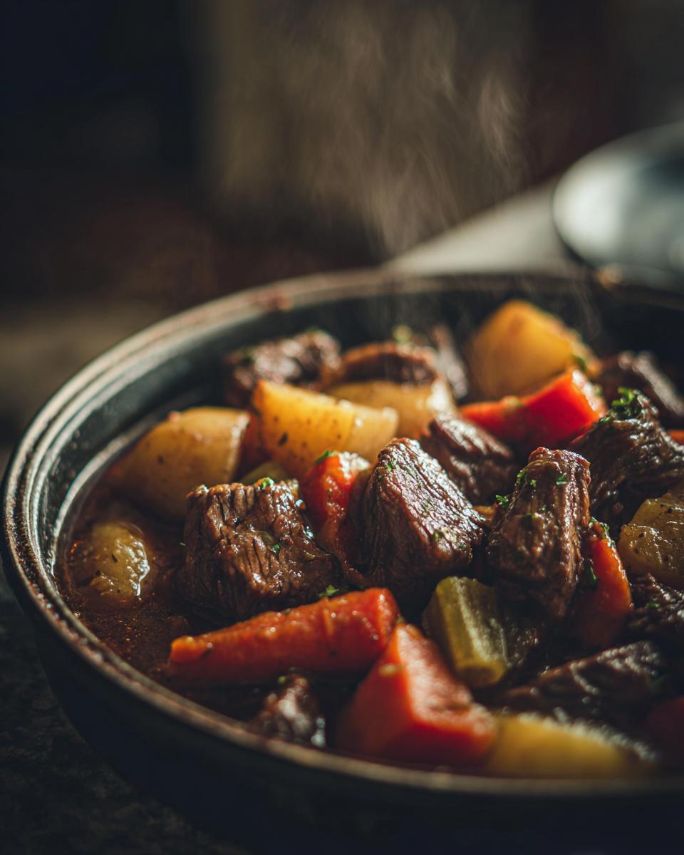 A steaming bowl of rich slow cooker beef stew, featuring tender beef chunks, potatoes, and carrots.