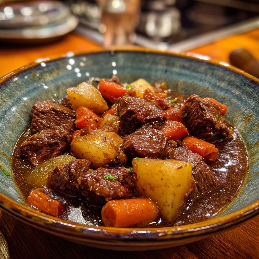 A hearty bowl of rich slow cooker beef stew, featuring tender beef chunks, potatoes, and carrots in a dark, savory broth.