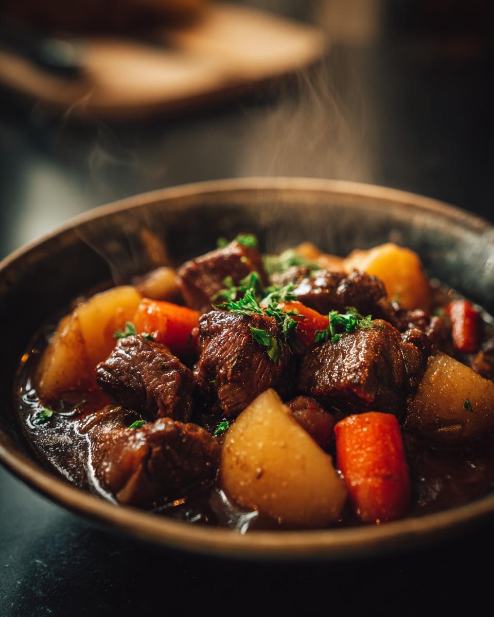 A steaming bowl of rich slow cooker beef stew, featuring tender beef chunks, potatoes, and carrots, garnished with fresh parsley.