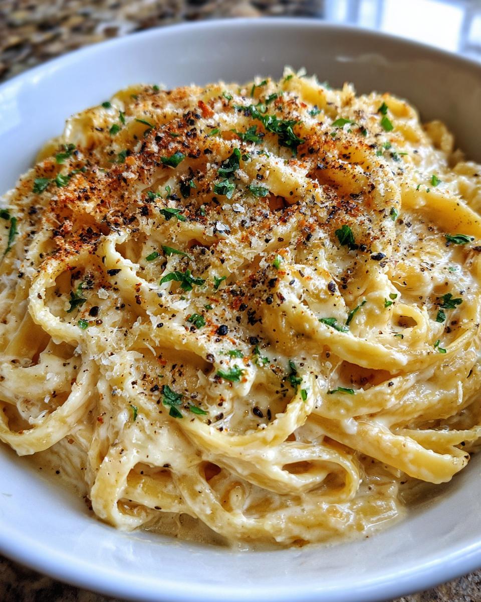 Close-up of fettuccine pasta coated in creamy Alfredo sauce, topped with grated Parmesan, fresh parsley, and toasted breadcrumbs.