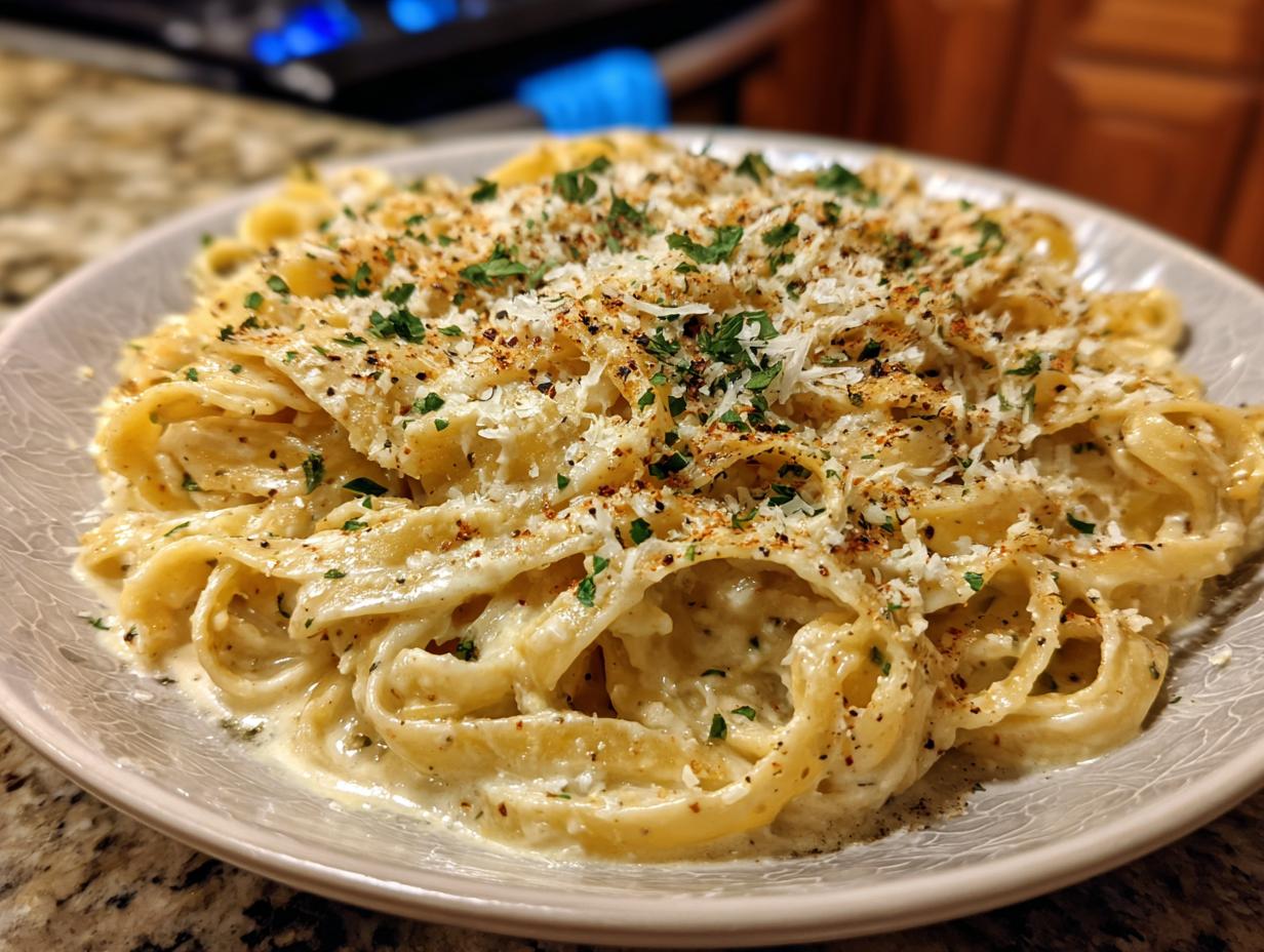 A close-up of fettuccine pasta coated in a rich, creamy Alfredo sauce, topped with grated Parmesan and parsley.