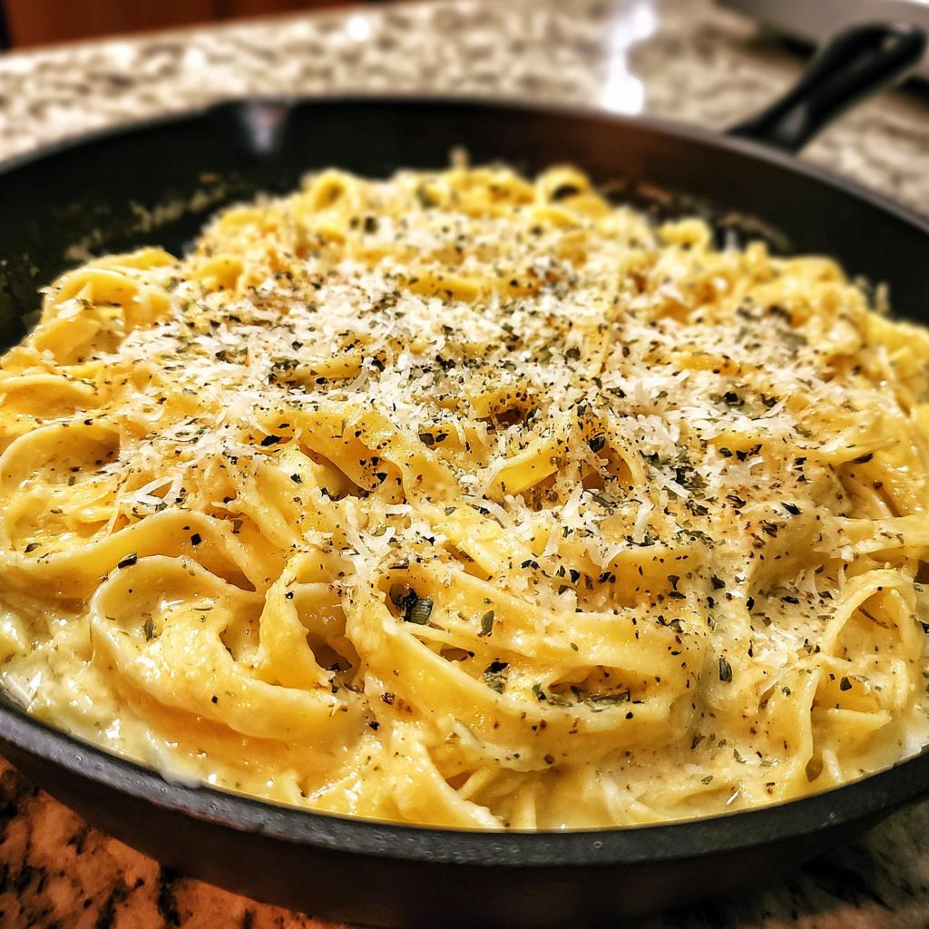 Close-up of creamy fettuccine alfredo pasta with roasted garlic, topped with grated parmesan and herbs, served in a black skillet.