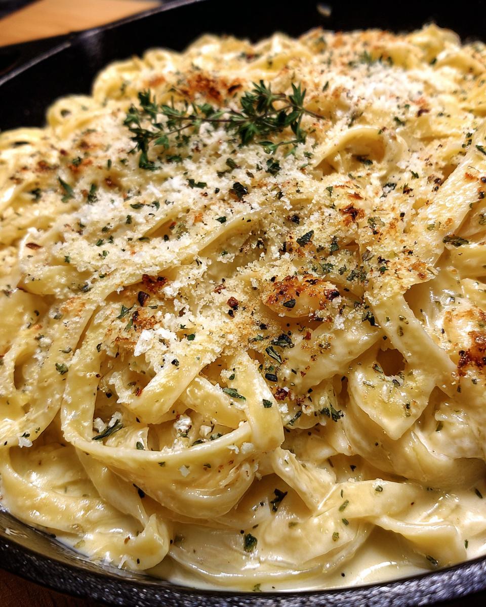 Close-up of fettuccine pasta coated in creamy Alfredo sauce, topped with breadcrumbs and herbs, a key ingredient in roasted garlic pasta recipes.