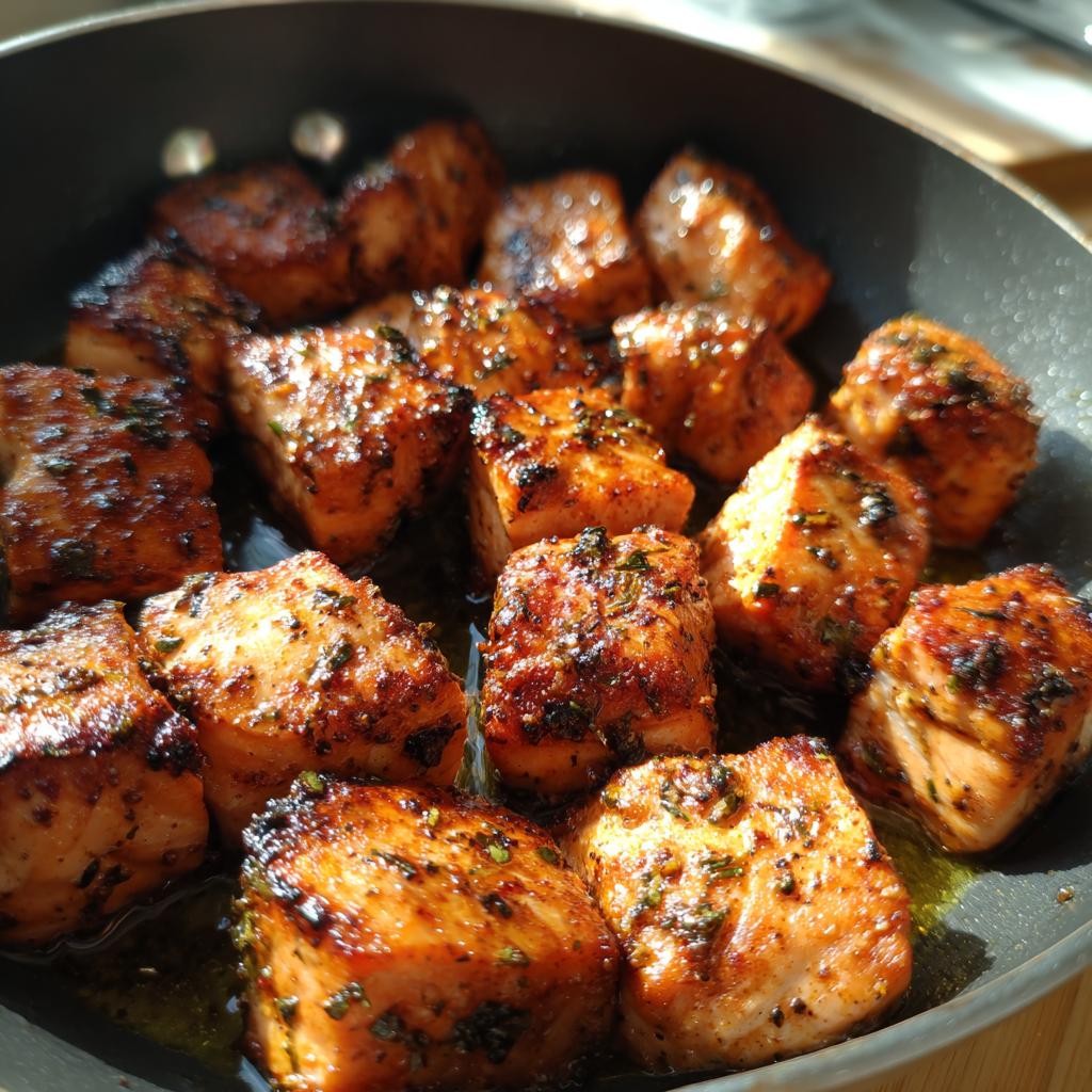 Close-up of golden-brown salmon bites seasoned with herbs, cooked in a pan.