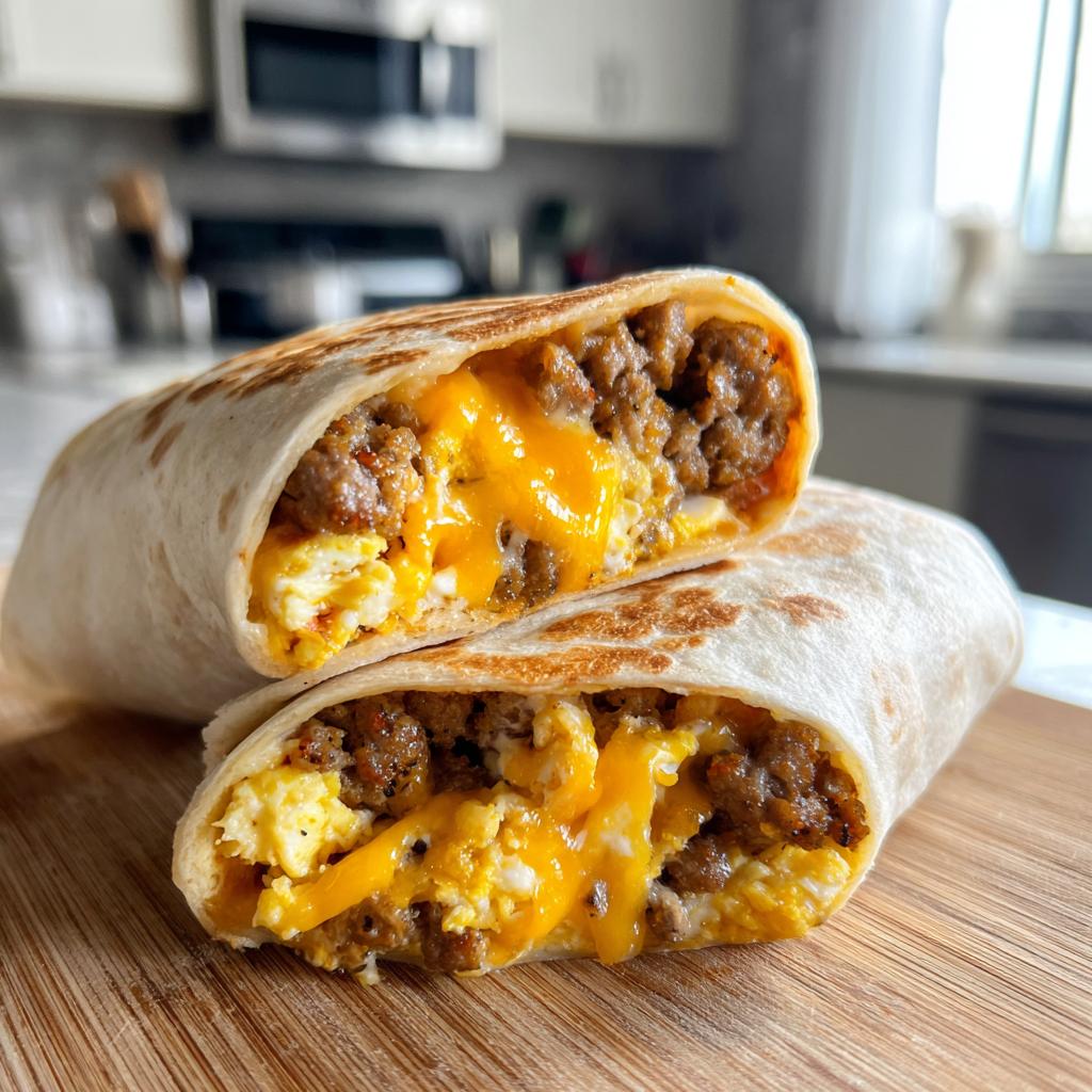 Close-up of a sausage breakfast burrito cut in half, revealing scrambled eggs, sausage, and melted cheese.