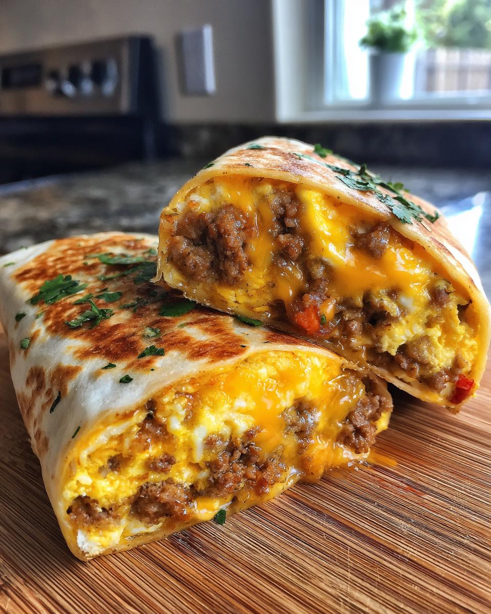 Close-up of a cut sausage breakfast burrito showing scrambled eggs, seasoned sausage, melted cheese, and a hint of red pepper.
