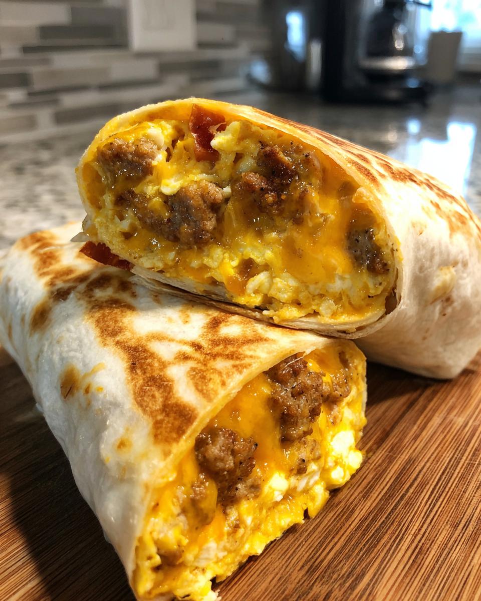 A close-up of a sausage breakfast burrito cut in half, revealing scrambled eggs, sausage crumbles, and melted cheese. Perfect for freezer breakfast ideas.