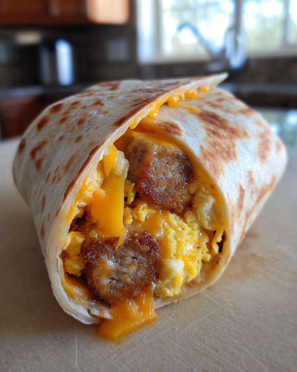 Close-up of a sausage breakfast burrito with scrambled eggs and melted cheese spilling out.