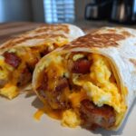 Two delicious sausage breakfast burritos cut in half, showing scrambled eggs, sausage, and melted cheese.