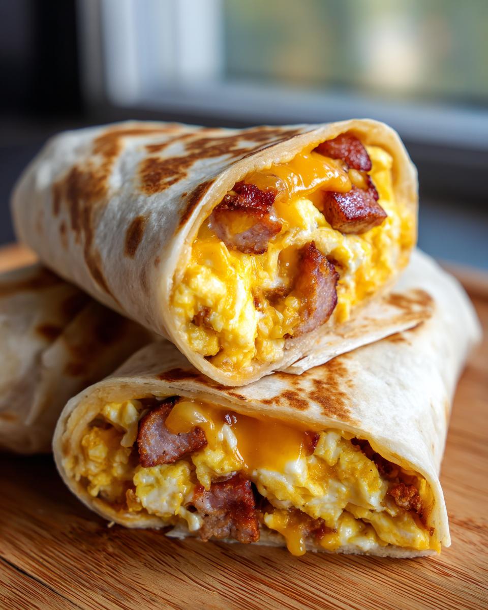 Close-up of two delicious sausage breakfast burritos filled with scrambled eggs, sausage, and melted cheese.