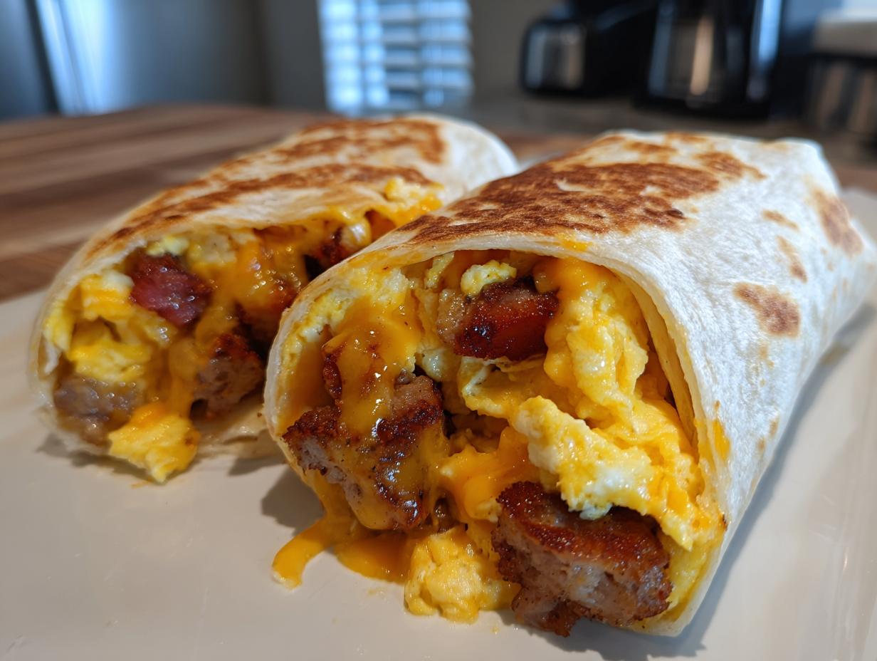 Two delicious sausage breakfast burritos cut in half, showing scrambled eggs, sausage, and melted cheese.