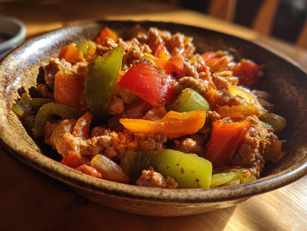 A close-up of a rustic bowl filled with sausage and peppers, a hearty dish for easy dinner recipes.