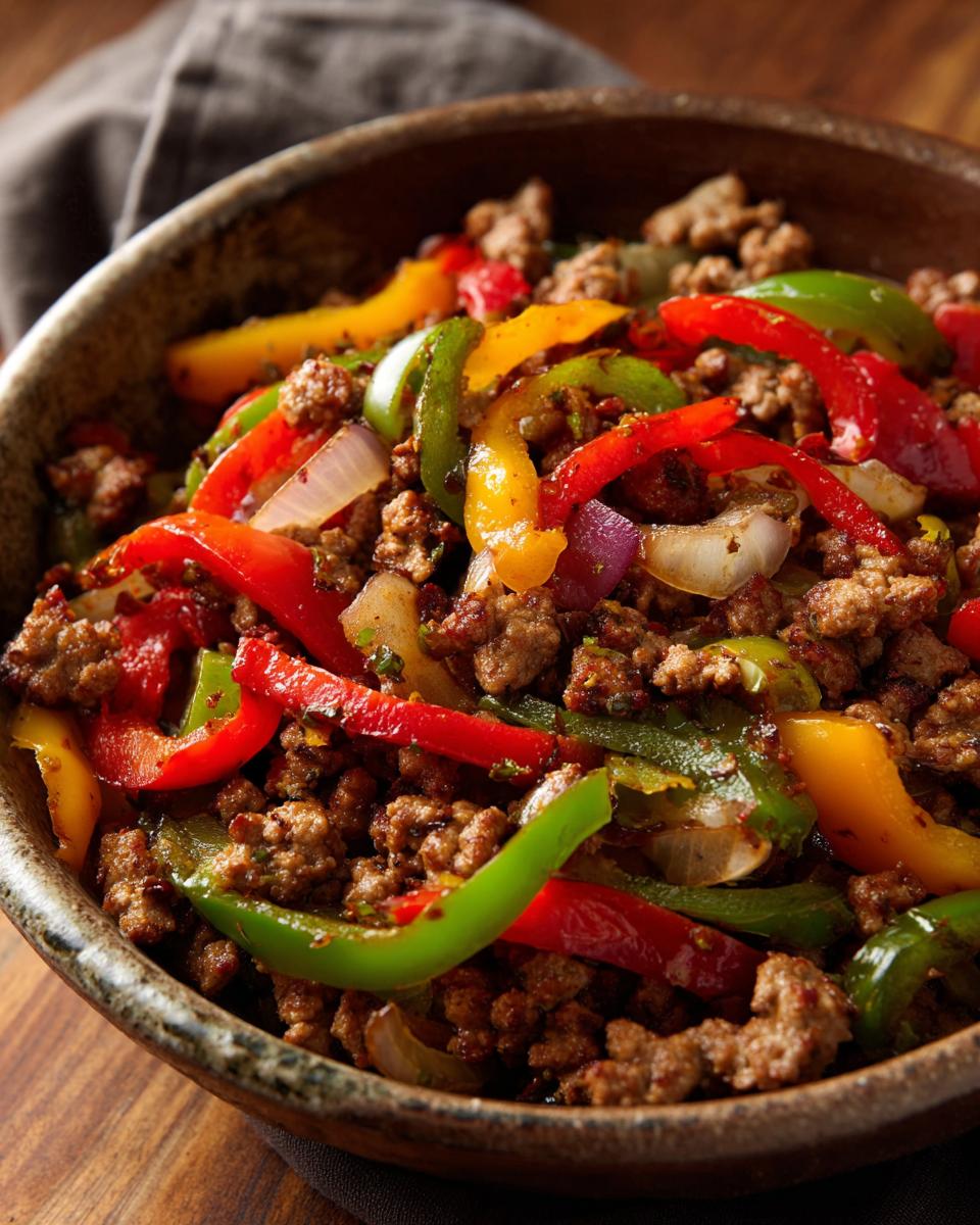 A close-up of a rustic bowl filled with a savory mixture of ground sausage, colorful bell peppers, and onions.