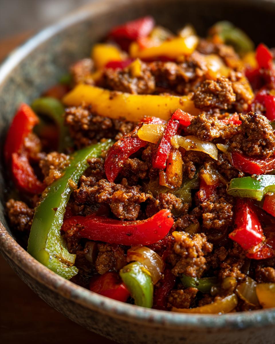 A close-up of a rustic bowl filled with cooked sausage and peppers, a perfect example of easy dinner recipes.