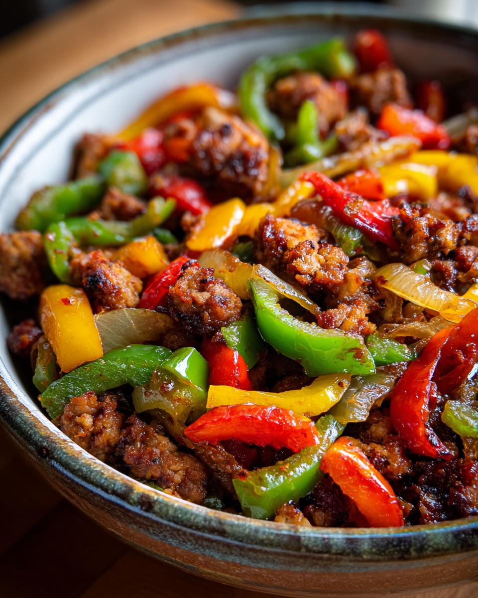 A close-up of a bowl filled with cooked sausage and colorful bell peppers and onions, a perfect example of easy dinner recipes.
