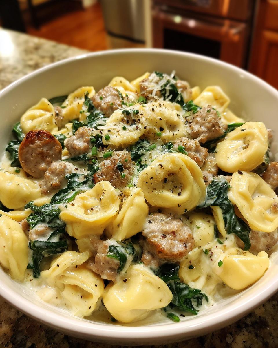 A bowl of sausage spinach tortellini pasta in a creamy sauce, topped with Parmesan cheese and herbs.