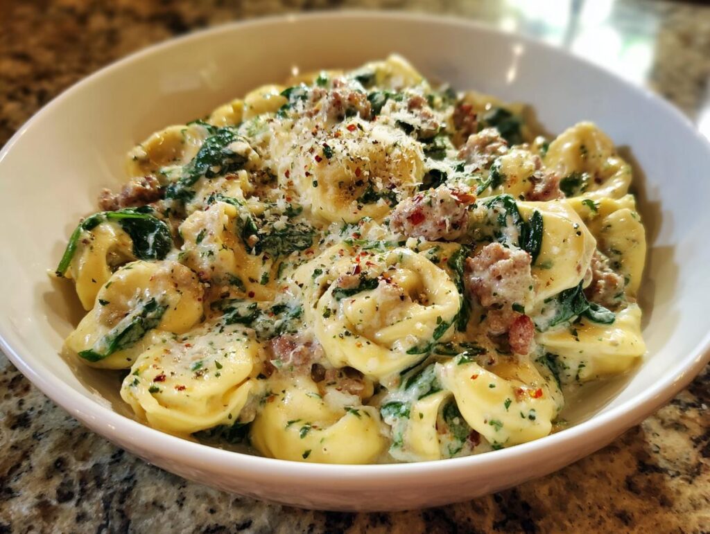 A bowl of sausage spinach tortellini in a creamy sauce, topped with parmesan and herbs.