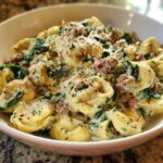A bowl of sausage spinach tortellini in a creamy sauce, topped with parmesan and herbs.