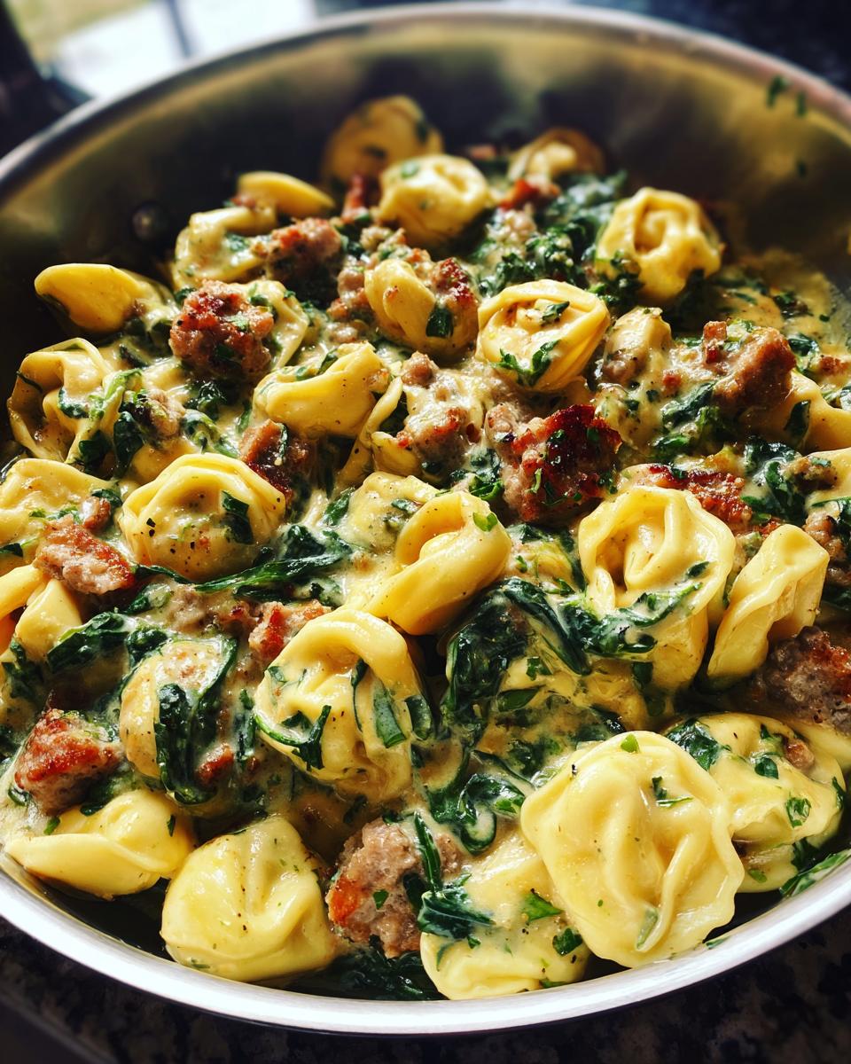 Close-up of sausage spinach tortellini in a creamy sauce, a delicious pasta recipe.