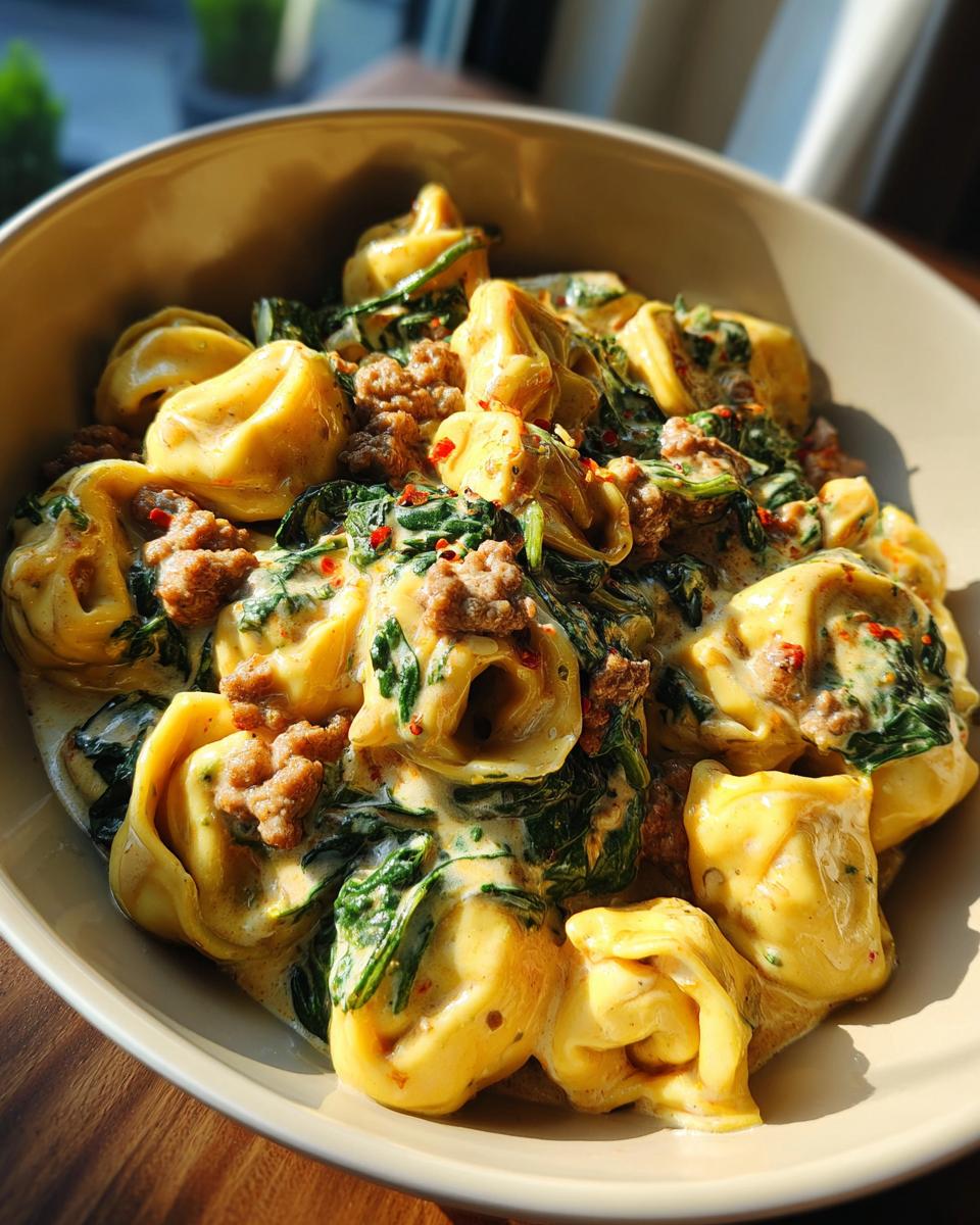A close-up of a bowl filled with sausage spinach tortellini in a creamy sauce, sprinkled with red pepper flakes.