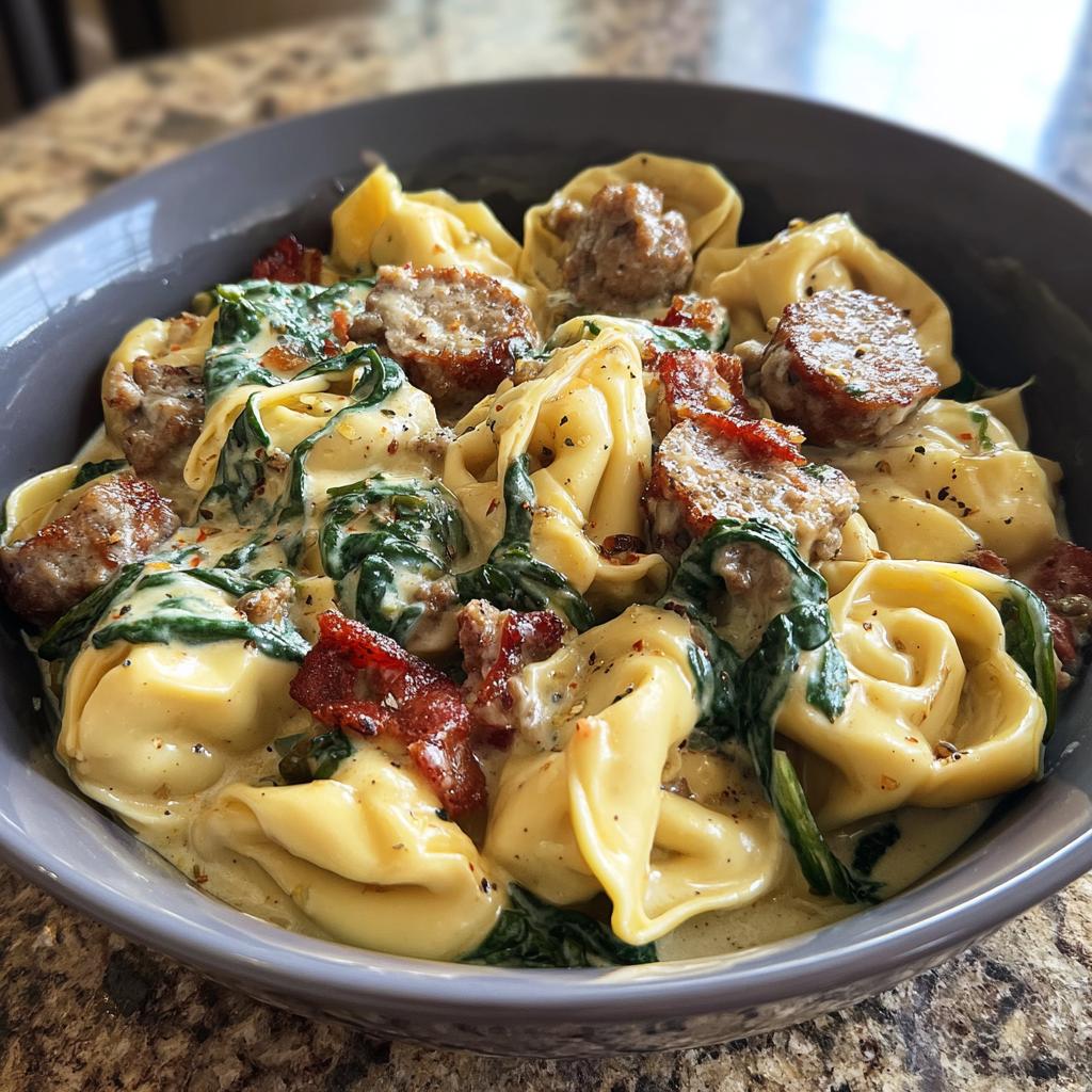 A close-up of a bowl filled with sausage spinach tortellini in a creamy sauce.