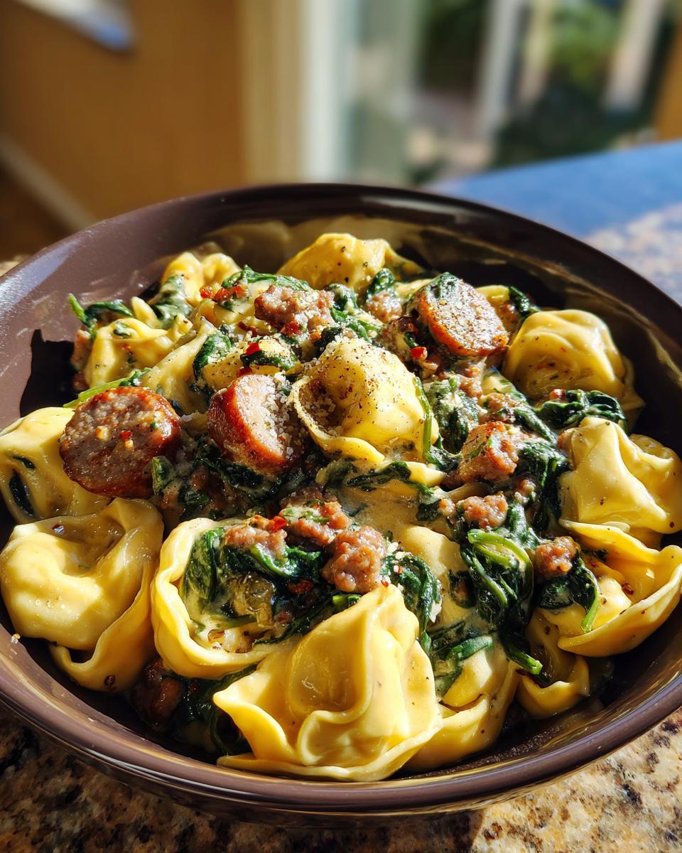 A close-up of a bowl filled with sausage spinach tortellini pasta in a creamy sauce.