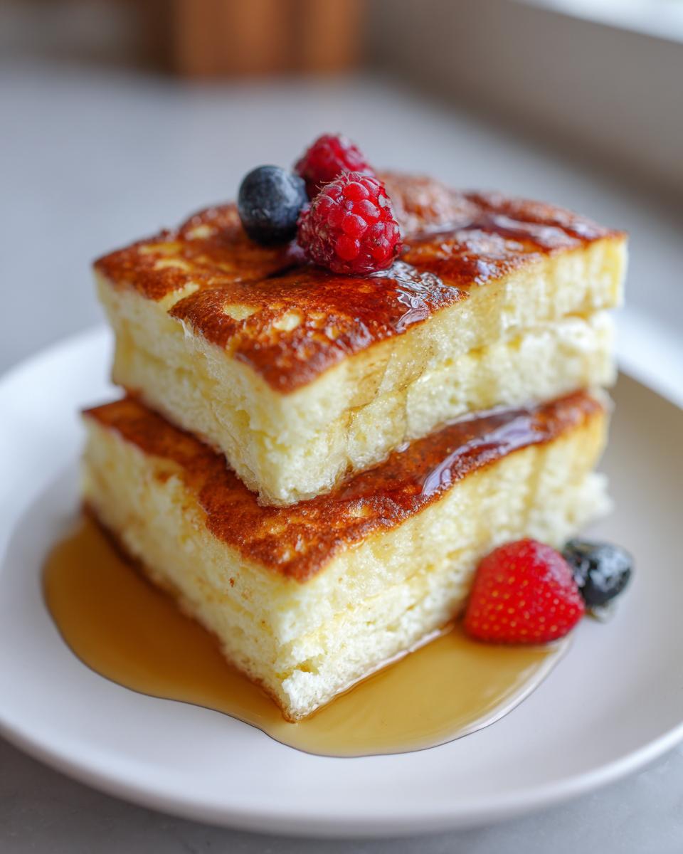 Two stacked slices of golden brown sheet pan pancakes topped with fresh raspberries, blueberries, and syrup.