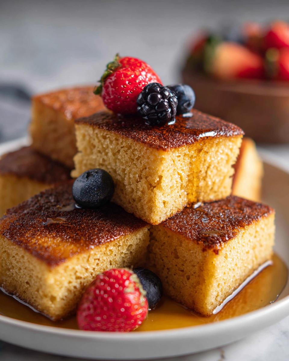 A stack of golden brown sheet pan pancakes topped with fresh strawberries, blueberries, and blackberries, drizzled with syrup.