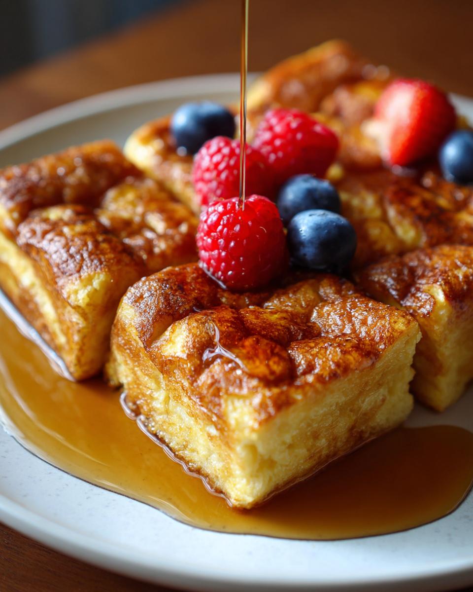 Close-up of sheet pan pancakes topped with fresh berries and drizzled with syrup, a perfect breakfast idea.