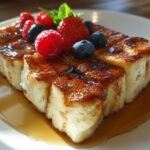 A slice of sheet pan pancakes topped with fresh berries, mint, and drizzled with syrup.
