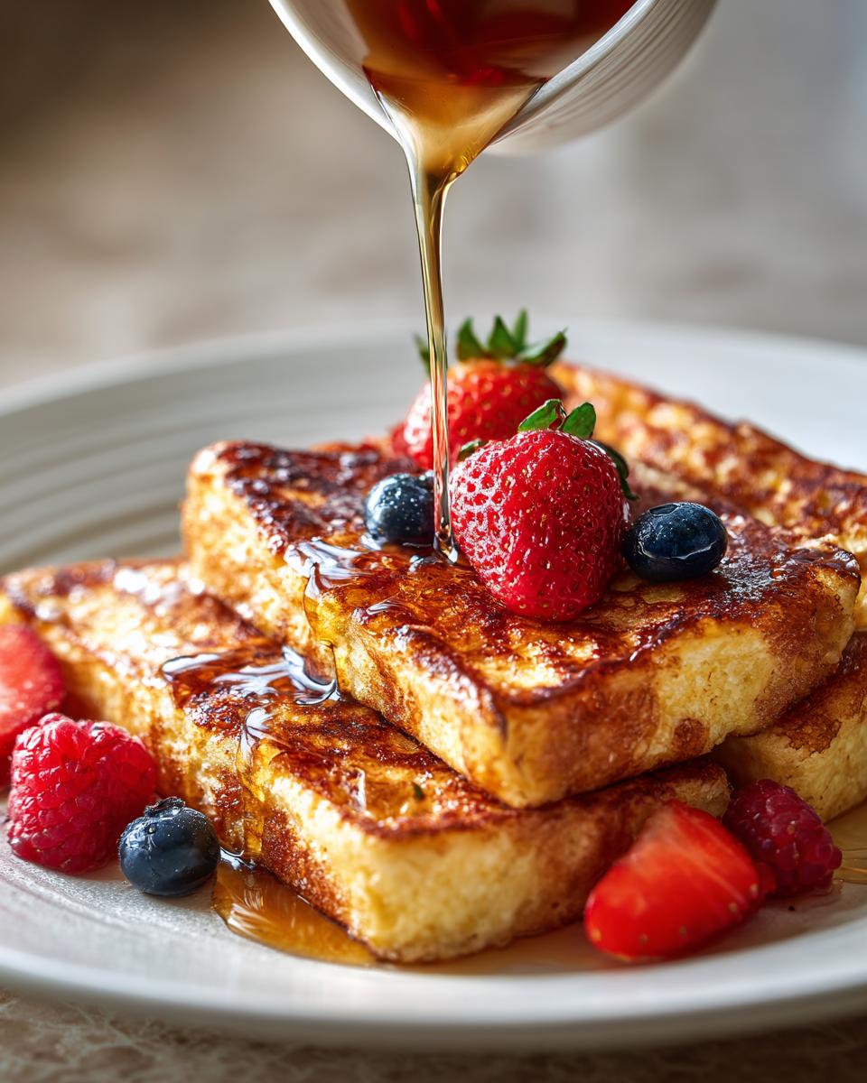 A stack of golden-brown sheet pan pancakes topped with fresh strawberries, blueberries, and raspberries, drizzled with syrup.