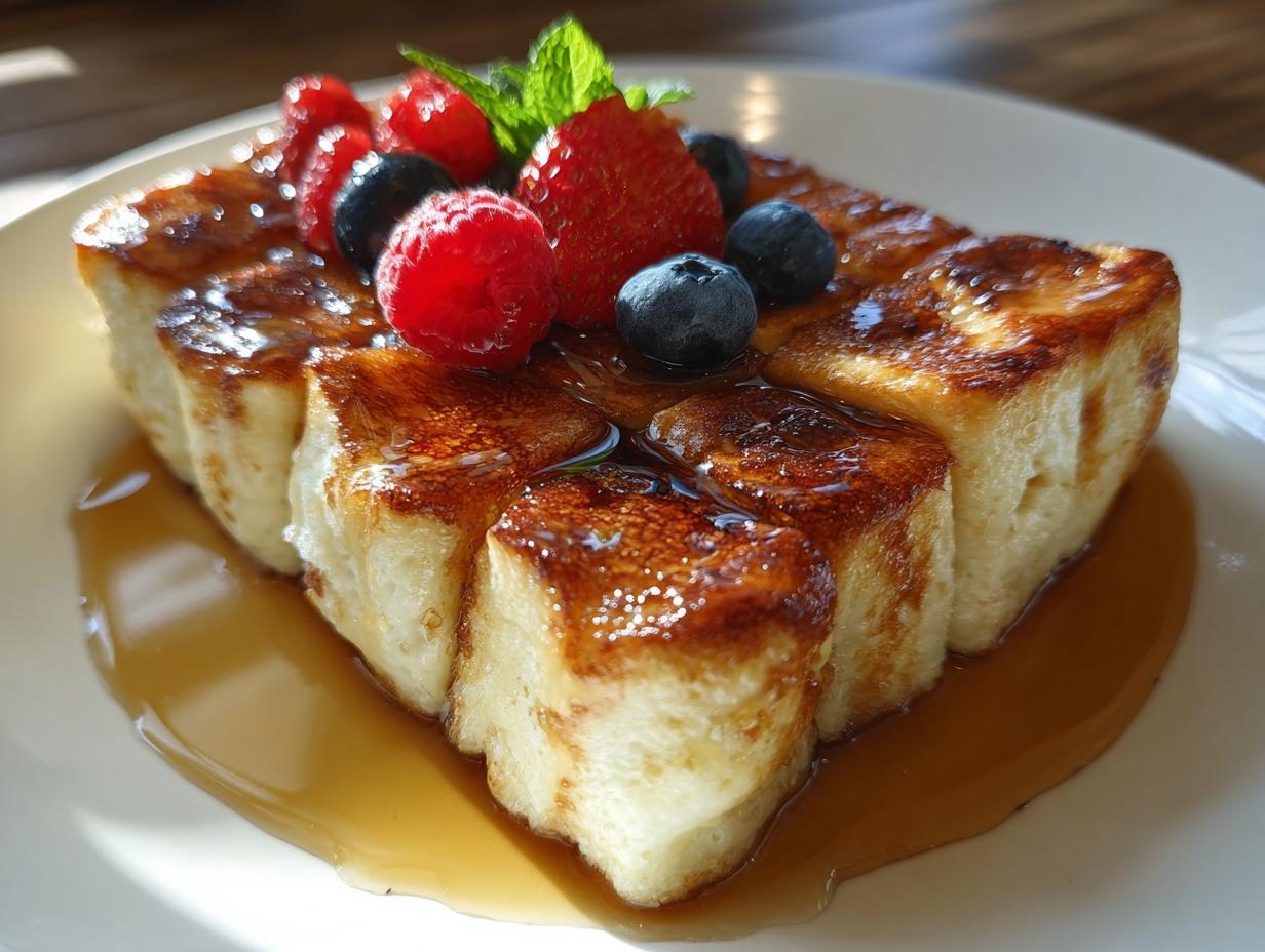 A slice of sheet pan pancakes topped with fresh berries, mint, and drizzled with syrup.