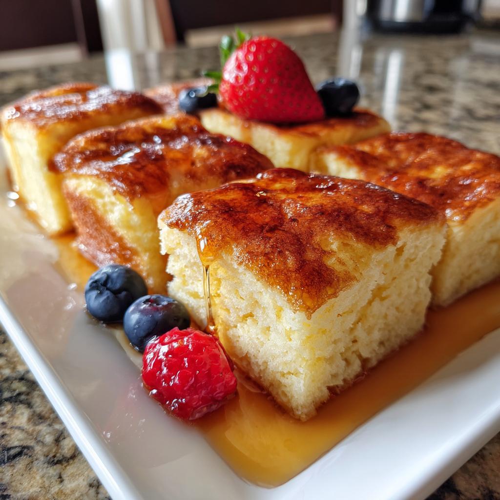 Close-up of sliced sheet pan pancakes drizzled with syrup and topped with berries, perfect for busy morning breakfast ideas.