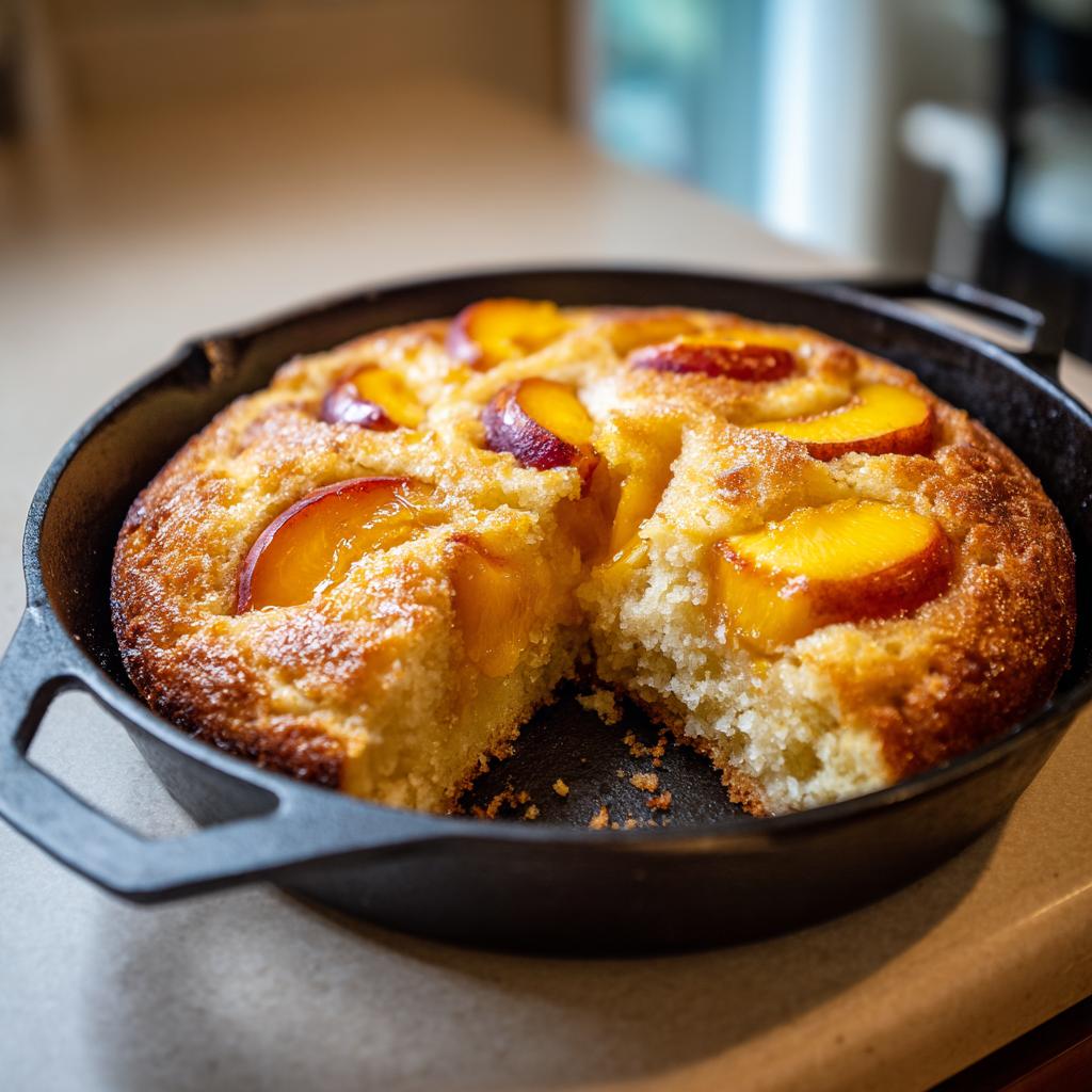 A slice is missing from a golden-brown skillet peach cake topped with soft summer fruit.