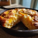 A slice of skillet peach cake with soft summer fruit, golden brown and baked in a cast iron pan.