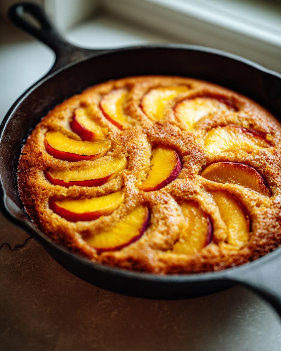 A golden-brown skillet peach cake topped with vibrant, sliced summer fruit.