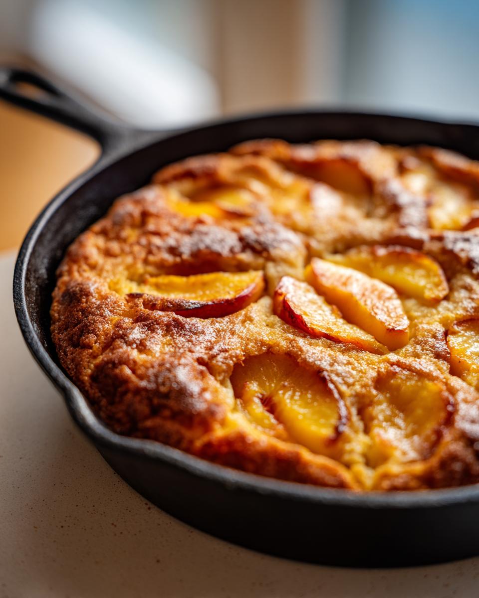 Close-up of a golden-brown skillet peach cake topped with soft summer fruit slices.
