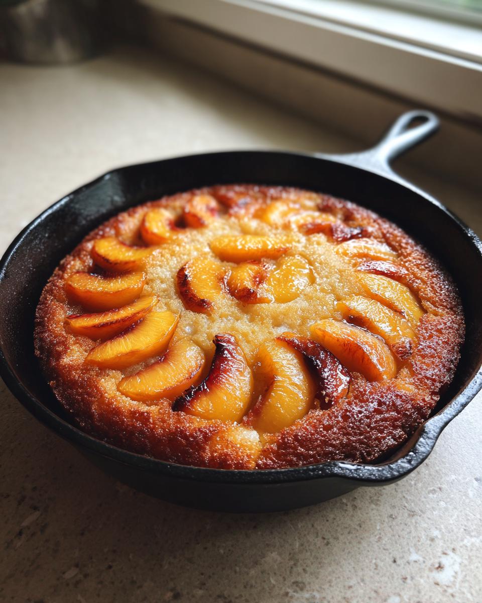 A golden-brown skillet peach cake topped with perfectly baked slices of soft summer fruit.