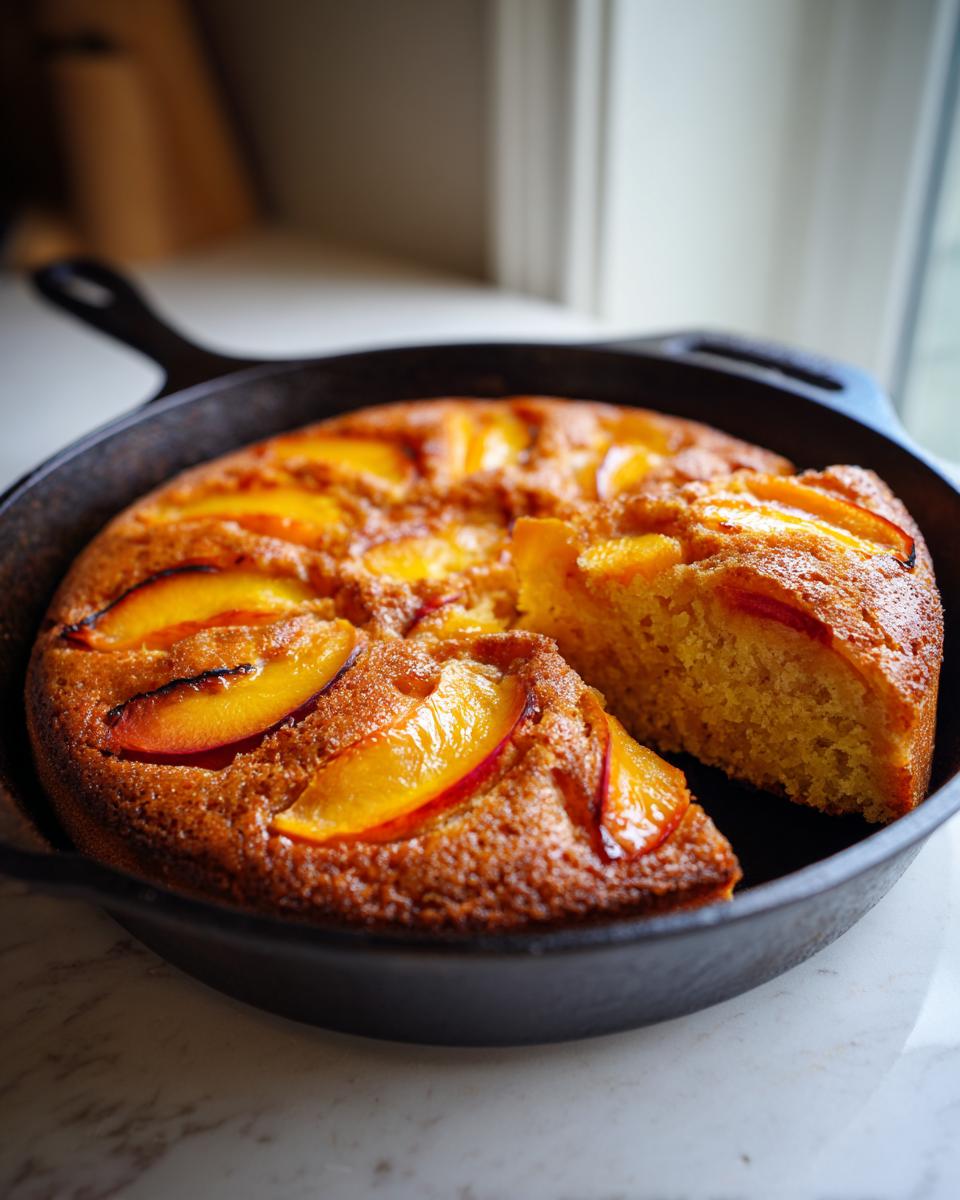 A golden-brown skillet peach cake with soft summer fruit, a slice removed to show the moist interior.