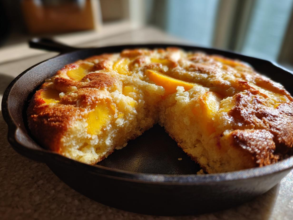 A slice of skillet peach cake with soft summer fruit, golden brown and baked in a cast iron pan.