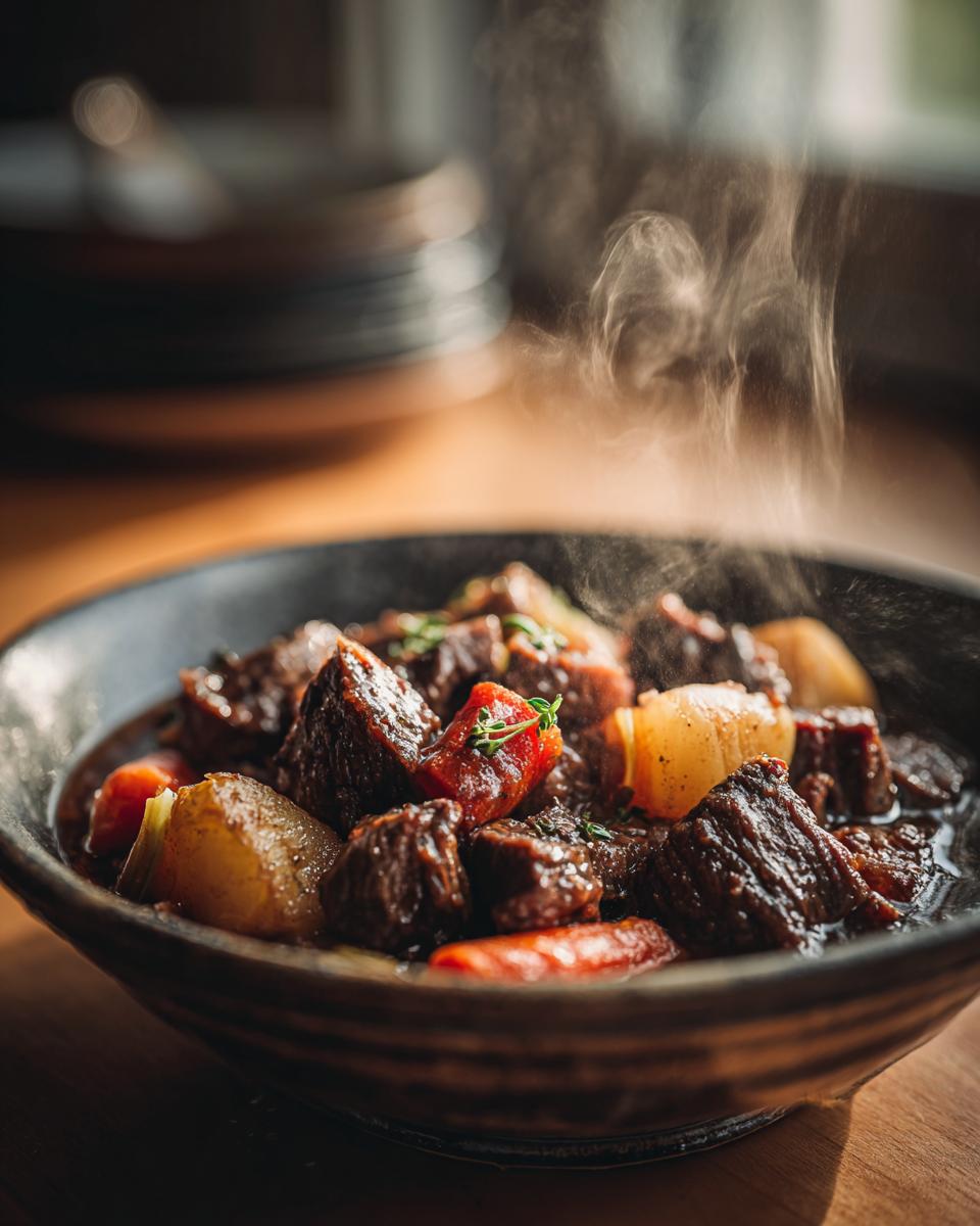 A steaming bowl of rich slow cooker beef stew with tender chunks of beef, carrots, and potatoes.