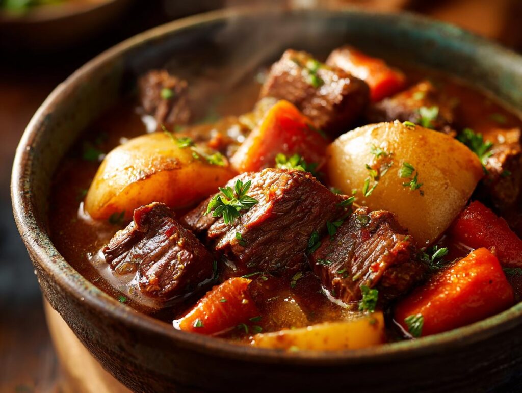 Close-up of rich slow cooker beef stew in a bowl, featuring tender beef chunks, potatoes, and carrots, garnished with parsley.