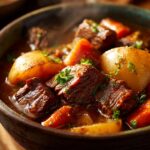 Close-up of rich slow cooker beef stew in a bowl, featuring tender beef chunks, potatoes, and carrots, garnished with parsley.