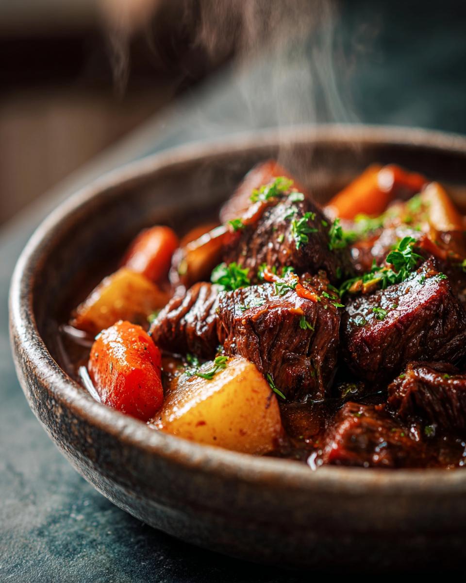 Close-up of steaming rich slow cooker beef stew with tender beef chunks, potatoes, and carrots, garnished with parsley.