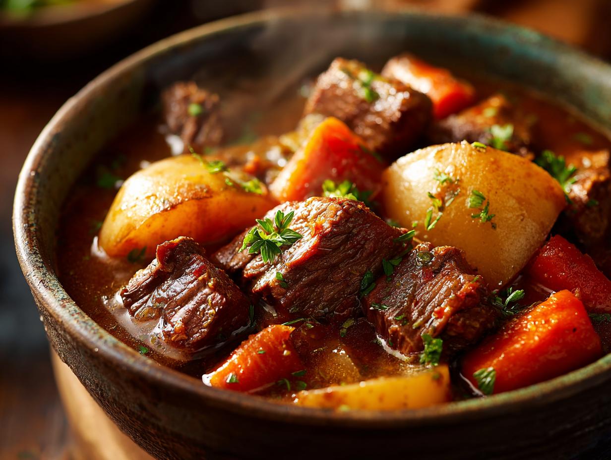 Close-up of rich slow cooker beef stew in a bowl, featuring tender beef chunks, potatoes, and carrots, garnished with parsley.