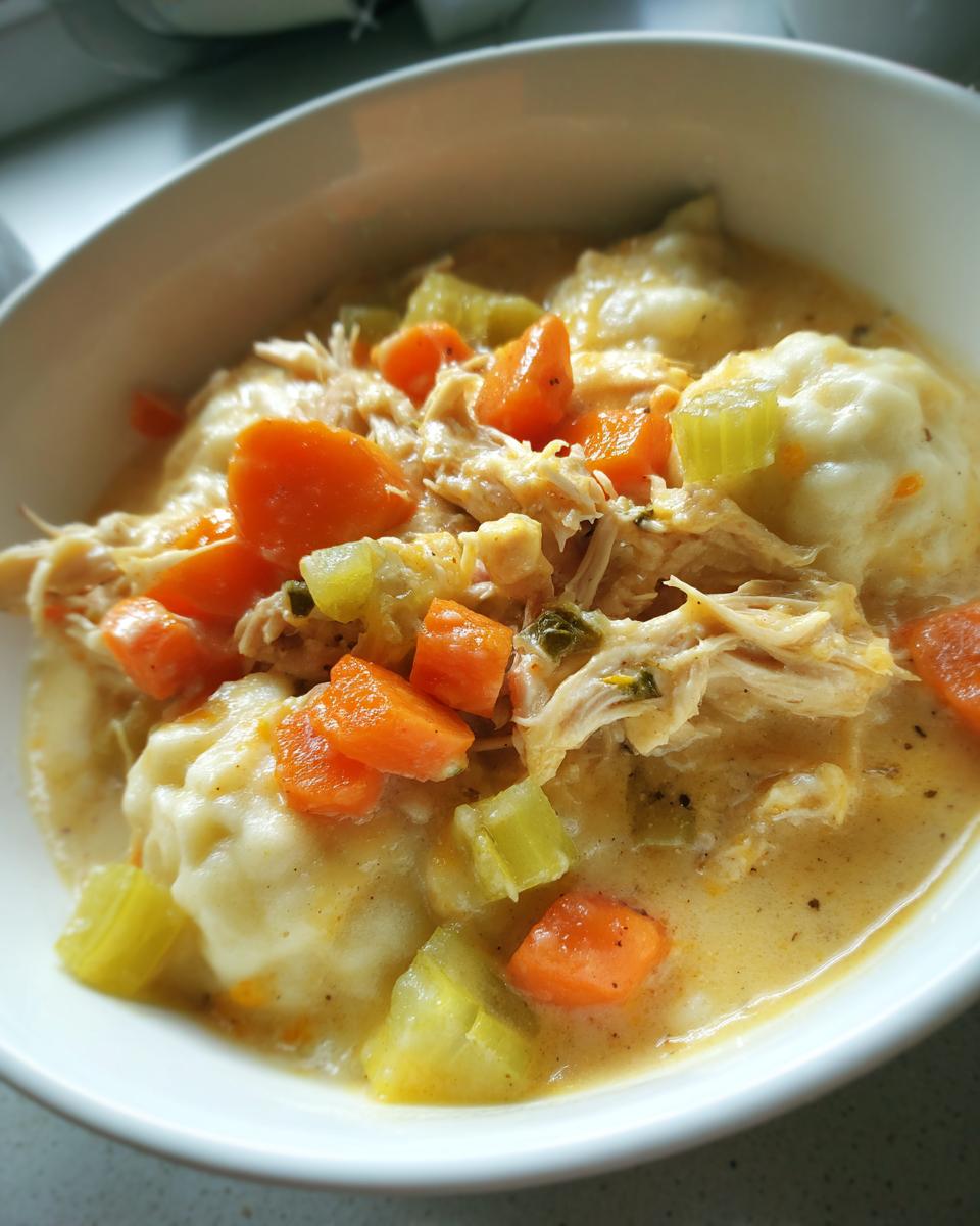 A bowl of comforting Slow Cooker Chicken and Dumplings with shredded chicken, carrots, and celery in a creamy broth.