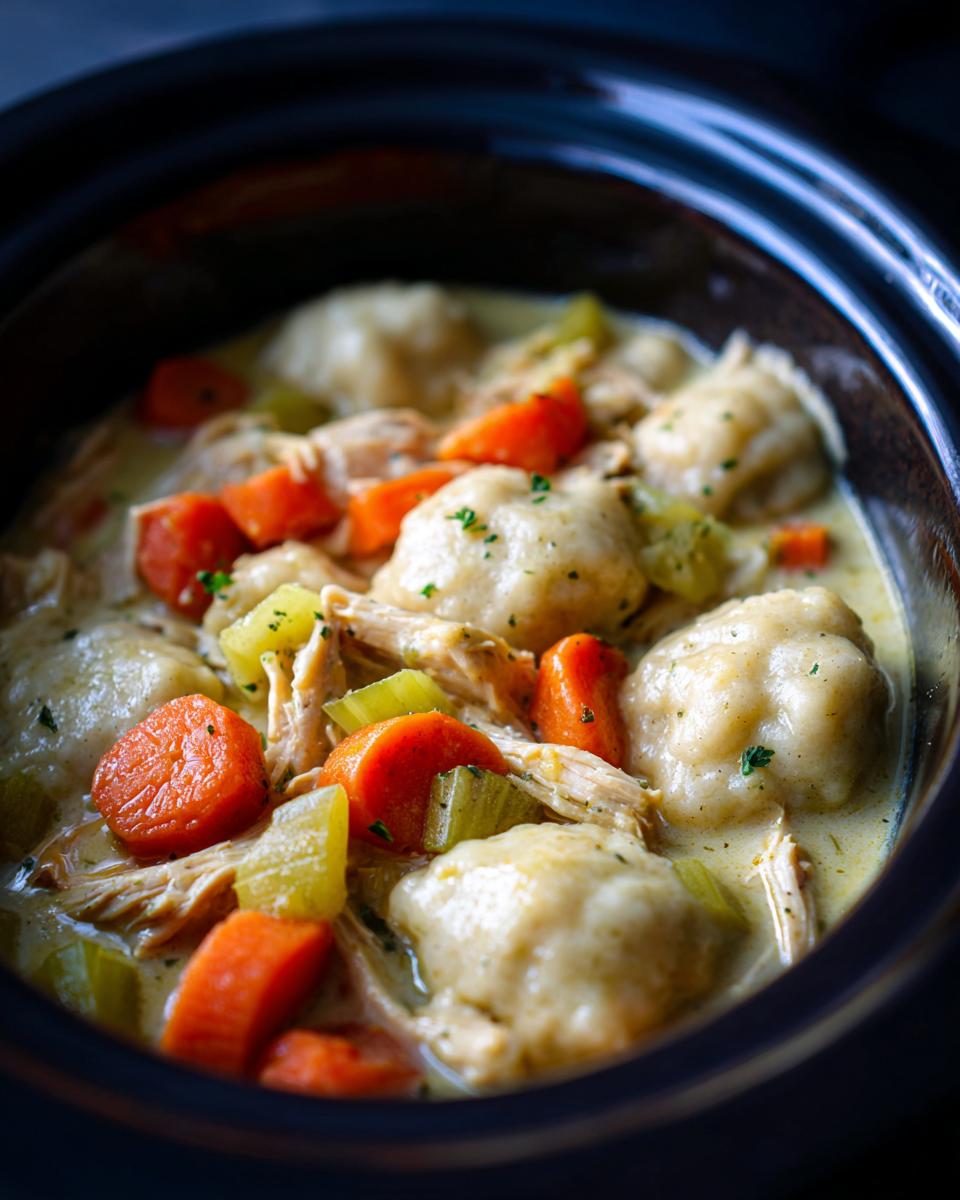 Close-up of slow cooker chicken and dumplings with carrots and celery in a creamy broth.