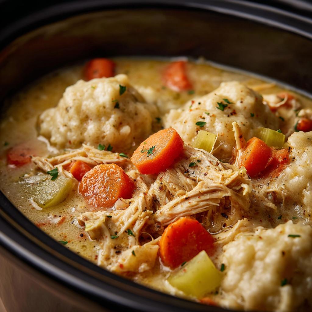 Close-up of fluffy dumplings, shredded chicken, and carrots in a creamy broth, a perfect slow cooker recipe.