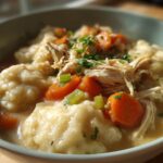 A close-up of a bowl of cozy slow cooker chicken and dumplings with carrots and herbs.