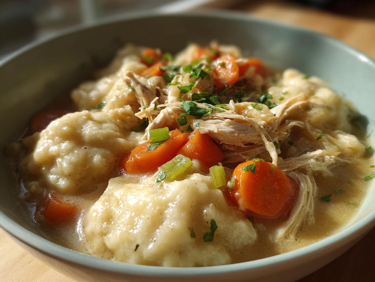 A close-up of a bowl of cozy slow cooker chicken and dumplings with carrots and herbs.